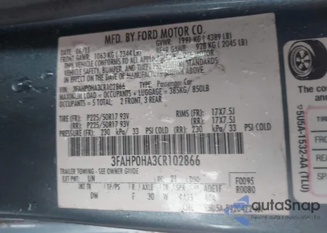 2012 Ford Fusion Se из США, поврежденный, VIN 3FAHP0HA3CR102866